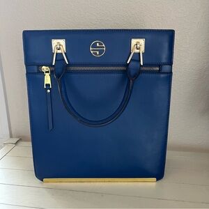 Segolene en Cuir Paris Blue Leather Satchel Tote Bag Purse Handbag